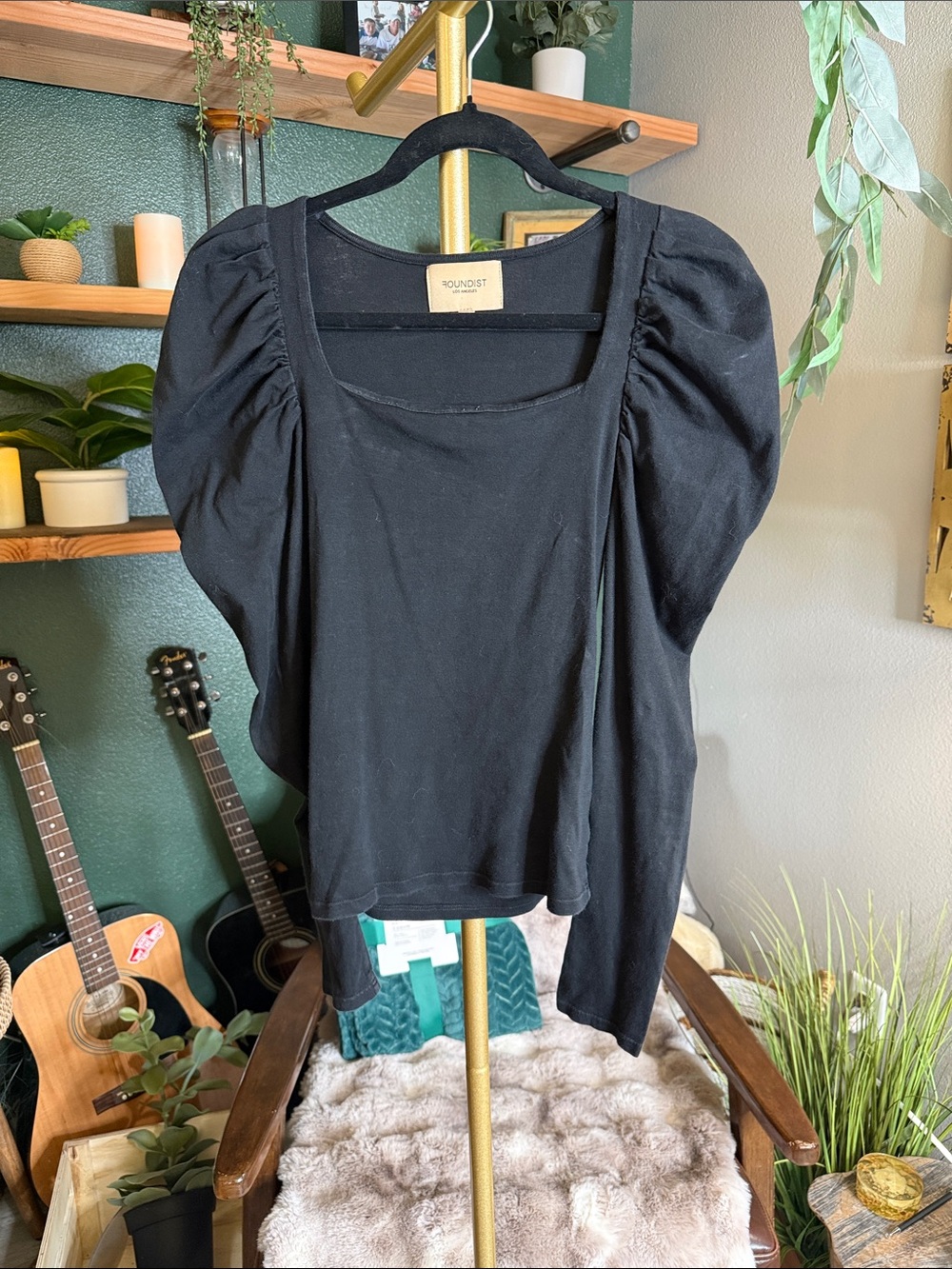 Black Puff-Sleeve Square Neck Tee